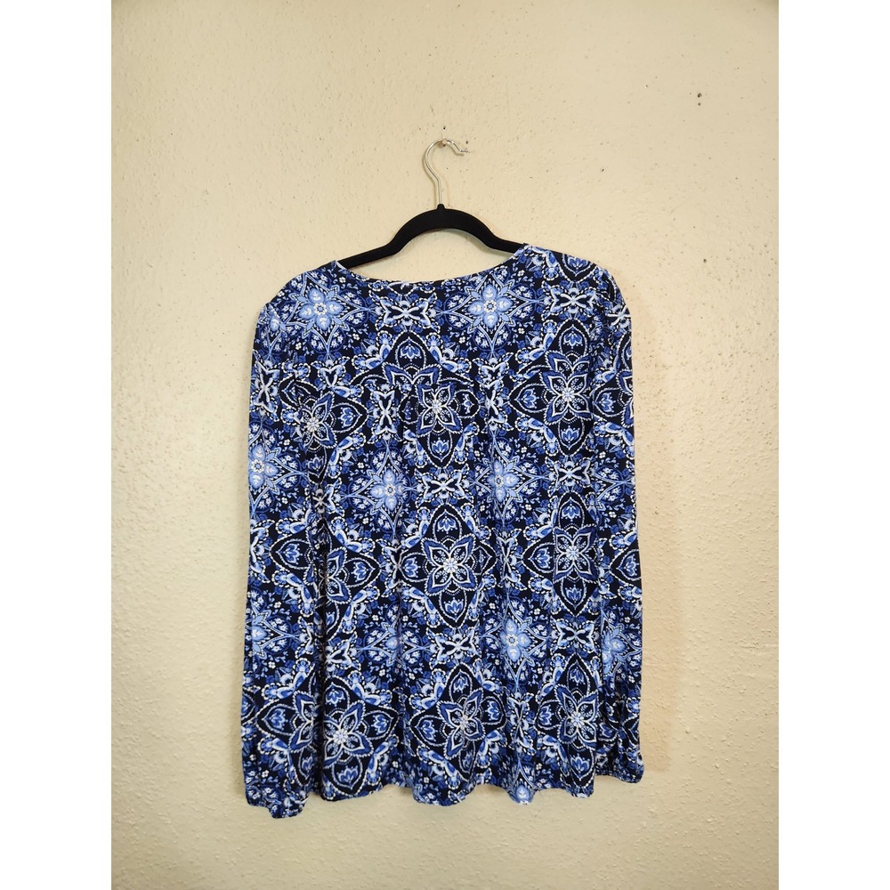 Emily Daniels Women's Blue Black Floral Tie Neck Puff Long Sleeve Blouse Size XL - Picture 2 of 7